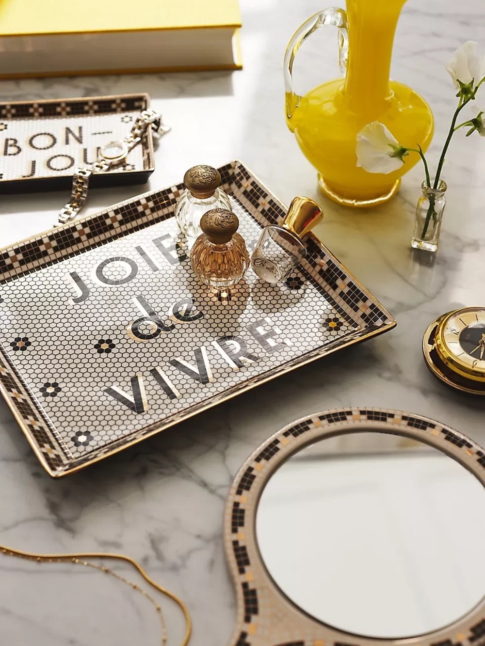 Anthropologie Bistro Tile Joie de Vivre Tray Black White and Gold - Picture 2 of 10